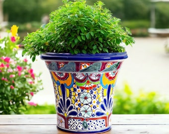 FRIEDA - Pot de fleurs Mexique, design coloré, céramique émaillée, 100 % peint à la main, pot de fleurs coloré de l'artisanat Talavera, 20 cm