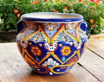 Mexico colorful flowerpot ACAPULCO with handles - Michoacan 25 cm tall - Talavera handicrafts - planter, planter, 100% hand painted