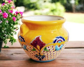 Mexiko bunter Blumentopf PUEBLA mit Henkeln - Michoacan 25 cm groß - Talavera Kunsthandwerk - Übertopf, Pflanzgefäß, 100% handbemalt