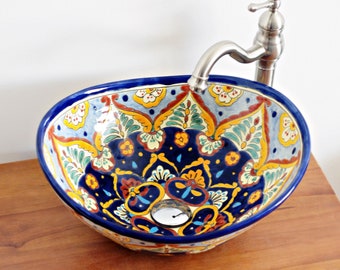 ACAPULCO oval mexican ceramic washbasin, handpainted colorful talavera vessel sink countertop basin from Mexico