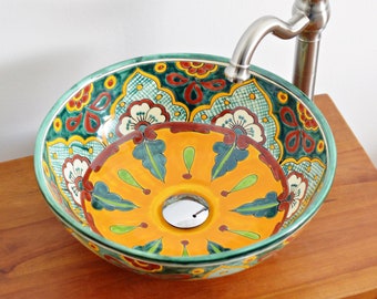 VERANO - Mexikanisches Waschbecken rund medium - 39 cm Marokko Design-Aufsatzwaschbecken aus Keramik handbemalt für Gäste WC und Badezimmer