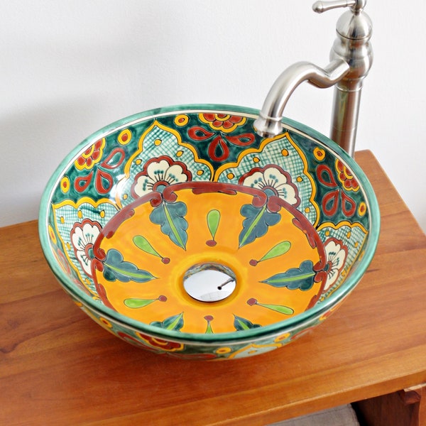 VERANO - Mexican handpainted vessel sink round washbasin MEDIUM talavera ceramic floral Morocco design for Bathroom and guest bathroom