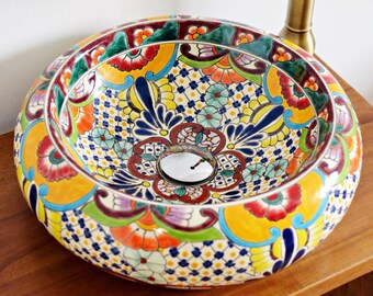 FRIEDA - Lavabo mexicain à poser design coloré en céramique de style Talavera - toilettes et salle de bain invités happy Mexico design