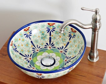 PASION - Mexikanisches Waschbecken rund medium - 39 cm Talavera Design-Aufsatzwaschbecken aus Keramik handbemalt für Gäste WC, wunderschön!