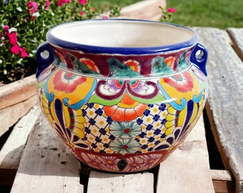 Mexico colorful flower pot FRIEDA with handles - Michoacan 25 cm tall - Talavera handicrafts - planter, planter, 100% hand painted