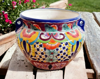 Pot de fleurs coloré Mexique FRIEDA avec poignées - Michoacan 25 cm de haut - Artisanat Talavera - jardinière, jardinière, 100% peint à la main