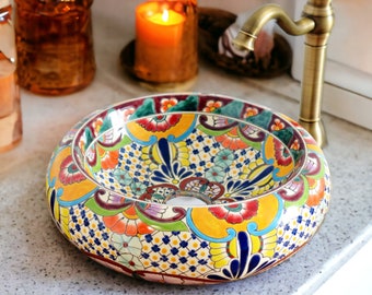 FRIEDA - mexican handpainted round washbasin vessel sink colorful talavera ceramic handpainted in Mexico for Bathroom or guest bathroom