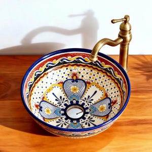 MAYA - Mexican handpainted washbasin round sink MEDIUM talavera ceramic handpainted in Mexico for Bathroom and guest bathroom - Size M