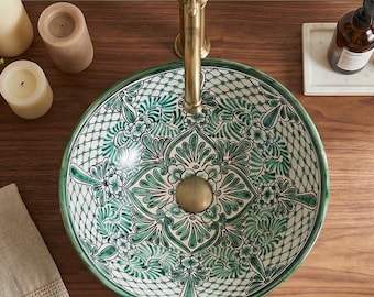 IMPERIAL - Runt mellanstort handfat i Mexiko - 39 cm handmålat keramiskt handfat i Marocko-design, för gästtoaletter och badrum
