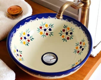 FLORAL - Mexiko Waschbecken im Landhausstil, rund medium - 39 cm Talavera Design-Aufsatzwaschbecken aus Keramik handbemalt für Gäste WC
