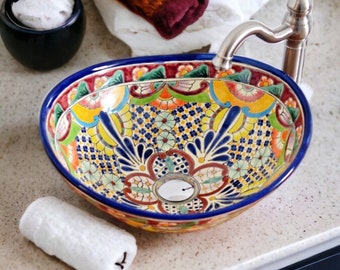 FRIEDA oval mexican ceramic washbasin, handpainted colorful talavera vessel sink countertop basin from Mexico