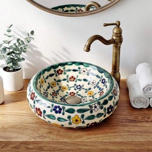 FLORAL - Mexican round washbasin featuring flowers. Talavera ceramic sink hand-painted in Mexico for bathroom, boho bathroom style