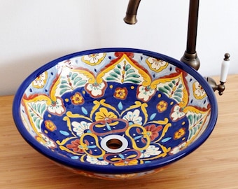 ACAPULCO - Beautiful mexican handpainted wash basin round washbasin colorful talavera ceramic handpainted in Mexico for Bathroom LARGE 44 cm