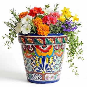 Mexicaanse bloempot/plantenbak FRIEDA, kleurrijk ontwerp, geglazuurd keramiek, 100% handbeschilderd, kleurrijke plantenpot in Talavera-handwerk, ca. 22 cm