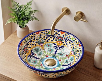 CARIBE - Litet mexikanskt handfat för gästtoalett, gästbadrum, färgglatt, runt - 35 cm Talavera design bänkskåpshandfat, keramik, handmålat