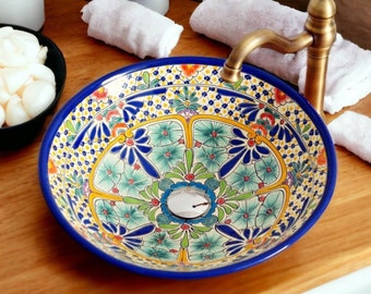 CARIBE - Großes Mexiko Waschbecken bunt, rund - 44 cm Schönes Talavera Design-Aufsatzwaschbecken aus Keramik handbemalt für Badezimmer