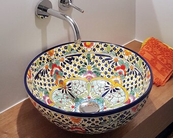 CARIBE - Mexiko Waschbecken für Gäste-WC, bunt, rund medium - 39 cm Talavera Design-Aufsatzwaschbecken aus Keramik handbemalt wunderschön!