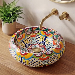 FRIEDA - Lavabo messicano, lavabo da appoggio in ceramica colorata in stile Talavera per bagno e toilette per gli ospiti, design allegro dal Messico