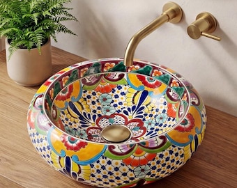 FRIEDA - Mexikanskt handfat, färgglatt keramiskt handfat i Talavera-stil för gästtoalett och badrum, glad design från Mexiko