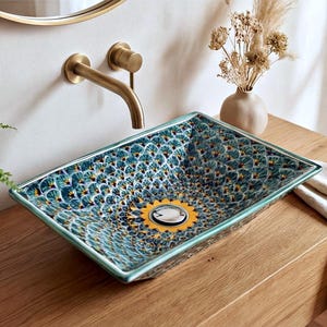 PAVO VERDE - Lavatório retangular de bancada, importado do México, para banheiro ou lavabo, estilo Talavera, 100% pintado à mão, estilo boho.