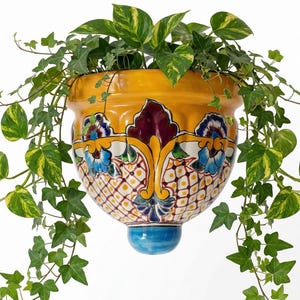 Può includere: Una fioriera sospesa in ceramica gialla con un elaborato motivo floreale blu, rosso e bianco. La fioriera è riempita con piante di pothos e edera verdi e gialle. La fioriera ha una base blu.