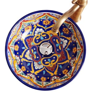 Buntes mexikanisches Talavera-Aufsatzwaschbecken, rund, handbemalt aus Keramik in Blau und bunten Farben