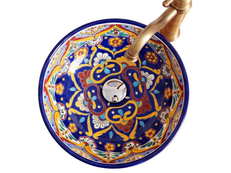 Buntes mexikanisches Talavera-Aufsatzwaschbecken, rund, handbemalt aus Keramik in Blau und bunten Farben