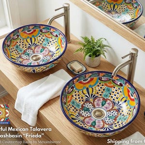 Bathroom double sink console made of wood, featuring two colorful Mexican Talavera washbasins in Frieda design from Mexambiente.
