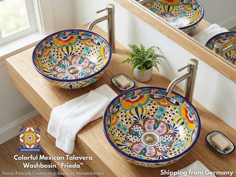 Bathroom double sink console made of wood, featuring two colorful Mexican Talavera washbasins in Frieda design from Mexambiente.