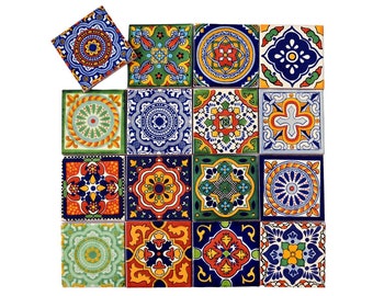 16 Mexikanische Fliesen Patchwork-Set ca.10.5x10.5 cm BUNT, RUSTIKAL, Ton & Keramik, schöne Dekorfliesen aus Mexiko Bad, Küche, handbemalt!