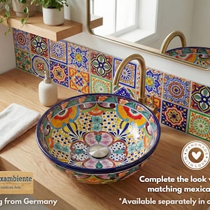 Mexican style bathroom with colorful talavera tiles and original mexican sink by mexambiente in germany.