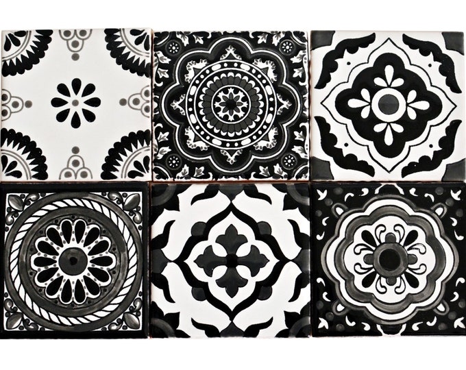 18 Premium Black-white Mexican Tiles Handpainted Talavera - Etsy
