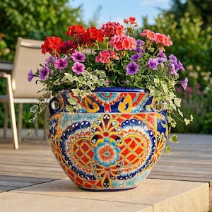 Colorful Mexican flower pot AMELIE with handles, approximately 25 cm tall. Talavera handicraft planter 100% hand-painted in Boho style