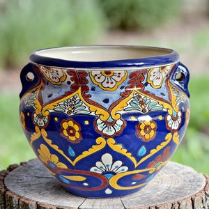 Vaso de flores mexicano colorido ACAPULCO com alças - Estilo Boho, 25 cm de altura - Artesanato Talavera - Vaso para plantas, 100% pintado à mão.