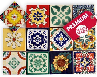 12 Mexicaanse tegels PREMIUM 11 x 11 cm - patchworkset, kleurrijke keramische handgeschilderde Mexicaanse decoratieve tegels - keuken- en badkamertegel spiegel kleurrijk!