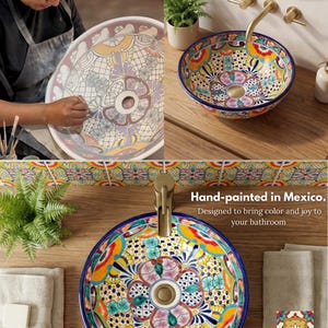 Beautiful handpainted colorful Mexican Talavera ceramic sink, perfect for a Boho-style bathroom.