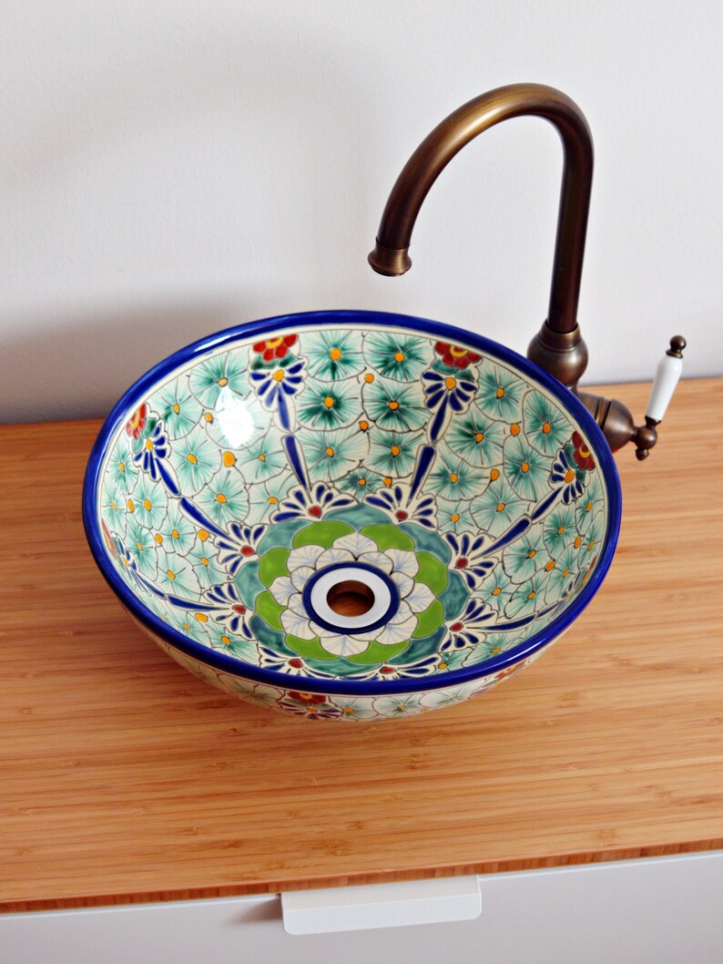 Pasion Mexican Handpainted Vessel Sink Round Washbasin Medium Talavera Ceramic Handpainted In Mexico For Bathroom And Guest Bathroom