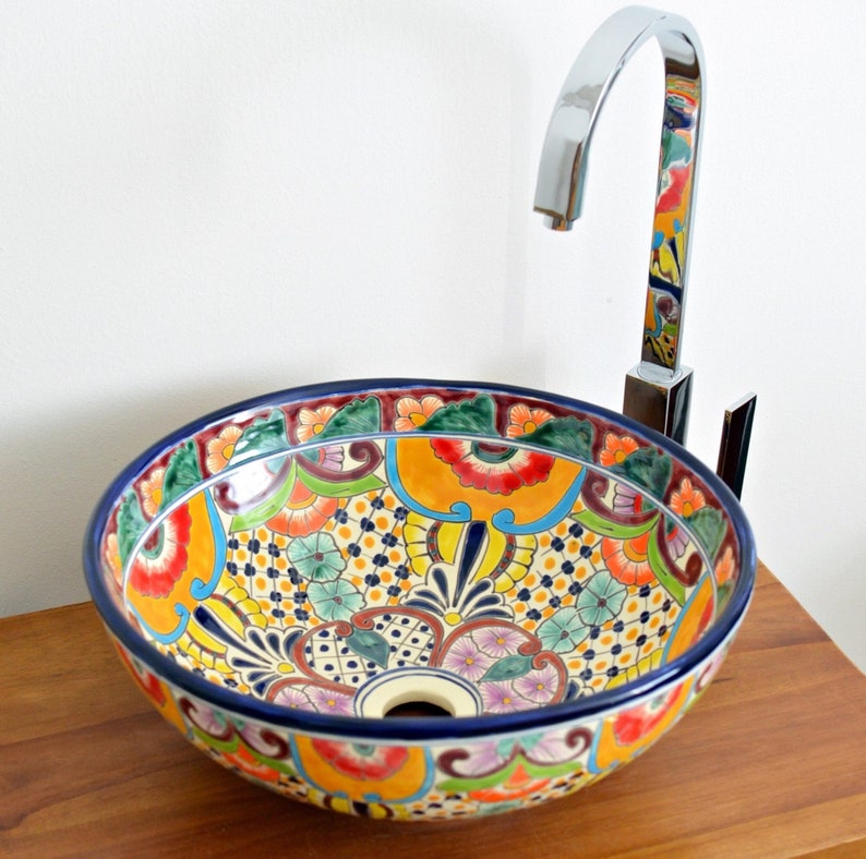 Waschbecken farbig FRIEDA aus Mexiko, Talavera Keramik handbemalt von Mexambiente für Bad und Gäste-WC