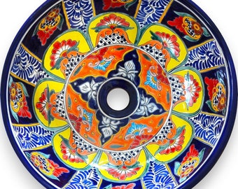 FANTASIA - Mexikanisches Waschbecken bunt, rund medium - 39 cm Talavera Design aus Keramik handbemalt für Gäste WC, wunderschön!