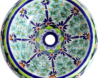 PASION - Mexiko Waschbecken rund - Design Aufsatzwaschbecken aus Keramik Talavera Stil für Gäste-WC marokkanisch-stil, florales Muster grün.