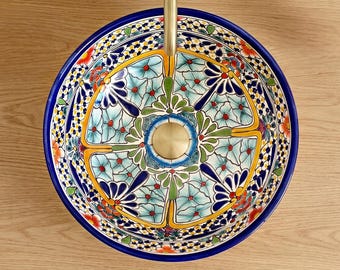 メキシコ風洗面台 CARIBE、39 cm 円形、カラフル、手描き、ゲスト用バスルームに最適 - ボヘミアン風バスルームカウンタートップ洗面台 タラベラスタイル