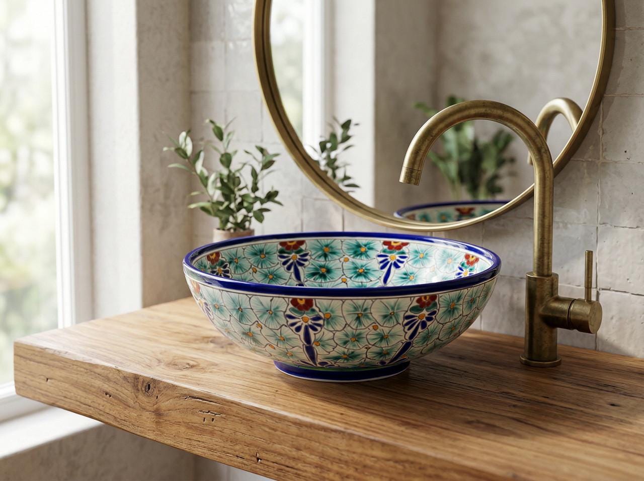 Vasque à Poser Ronde En Céramique Talavera 40 Cm, Noire, Style Colonial, Atalaya Par Cerames