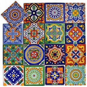 16 mexican tiles hand-painted talavera patterns approx. 10.5x10.5 cm (4.1x4.1 inches) Patchwork Set of Colorful Mexican Rustic Wall Tiles