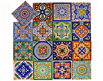 Mexikanische Fliesen 10x10 cm Patchwork-Set, 16 handbemalte bunte Talavera Wandfliesen für Küche, Bad & Fliesenspiegel | Versand aus DE