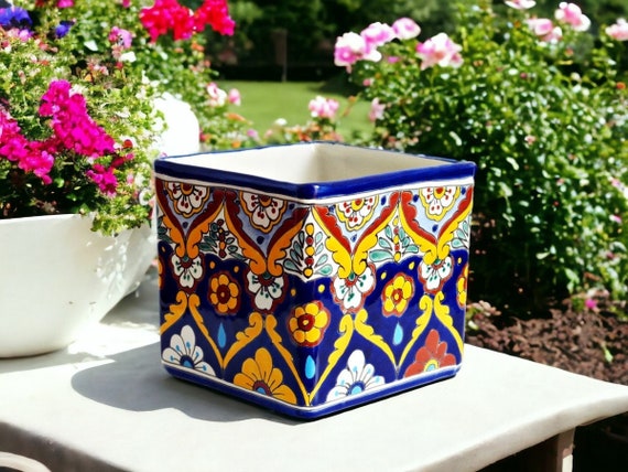Colorful Mexican Flower Pot / Plant Pot, Square, ACAPULCO - 20 Cm