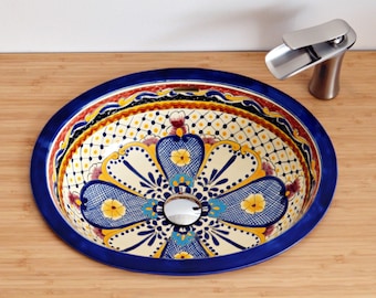 MAYA - Mexiko Einbauwaschbecken oval groß ca. 50x40 cm bunt handbemalt, Talavera Muster Waschbecken für Badezimmer & Gäste-WC mehrfarbig