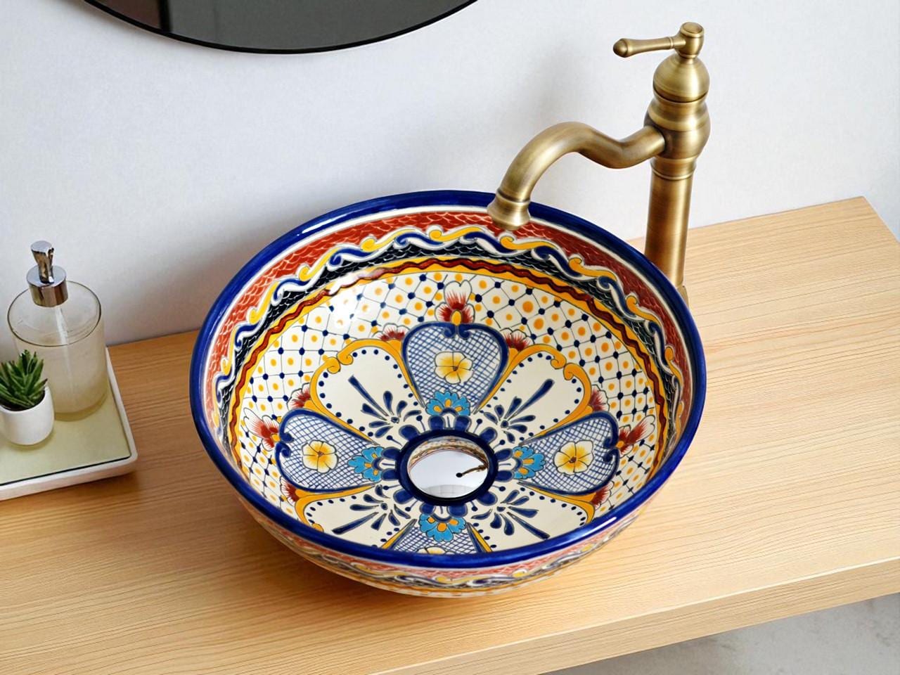 Handbemaltes Talavera Waschbecken Aus Mexiko – 43,2 X 35,6 Cm, 12,7 Cm Tief, Mit 3 Überlauf- Und Standardablaufloch