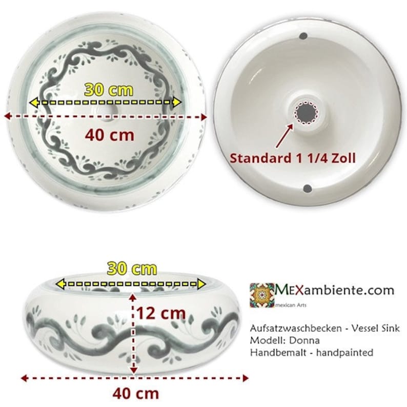 May include: White vessel sink with a gray and blue decorative pattern. The sink is 40 cm wide and 12 cm high, with a 30 cm diameter. The text "MEXambiente.com" and "Handbemalt - handpainted" are visible.