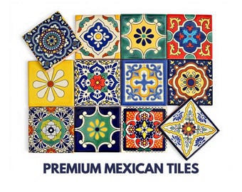 12 Mexican Premium Tiles 11x11 cm - Colorful Patchwork Set, Hand-painted Ceramic Tiles in Portuguese Style for Kitchen, Bathroom&  Interiors