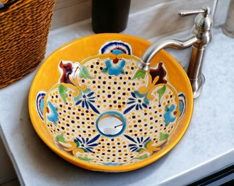 PUEBLA - Kleines mexikanisches Waschbecken, bunt, rund - 35 cm Talavera Design-Aufsatzwaschbecken aus Keramik handbemalt für Gäste Toilette